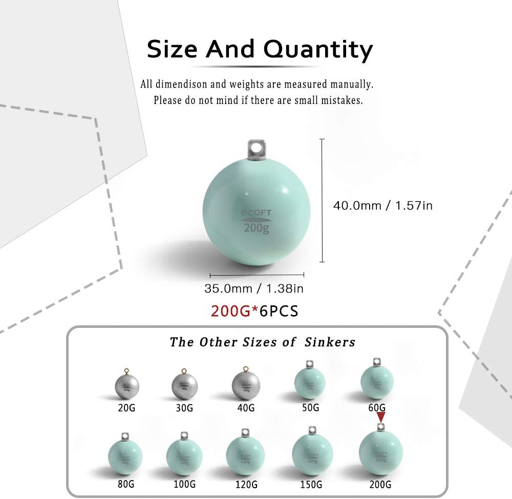 ECOFT Lead Free Fishing Sinkers and Weights Coated Egg Sinkers Cannonball Sinkers Assorted Sizes 20g-200g in Bag and Fishing Weights Sinkers Assortment Box for Saltwater Freshwater : Sports & Outdoors