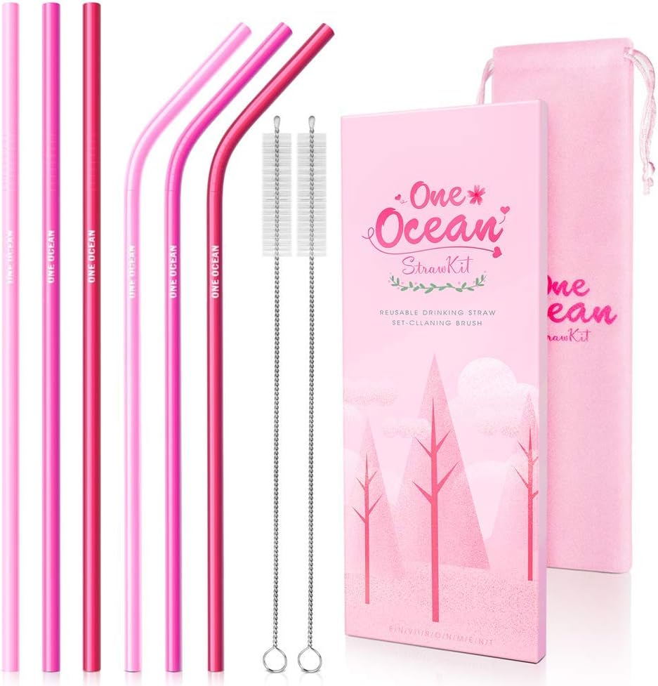 Reusable Metal Straw Set ONE OCEAN STRAWS Pink Stainless Steel 10.5