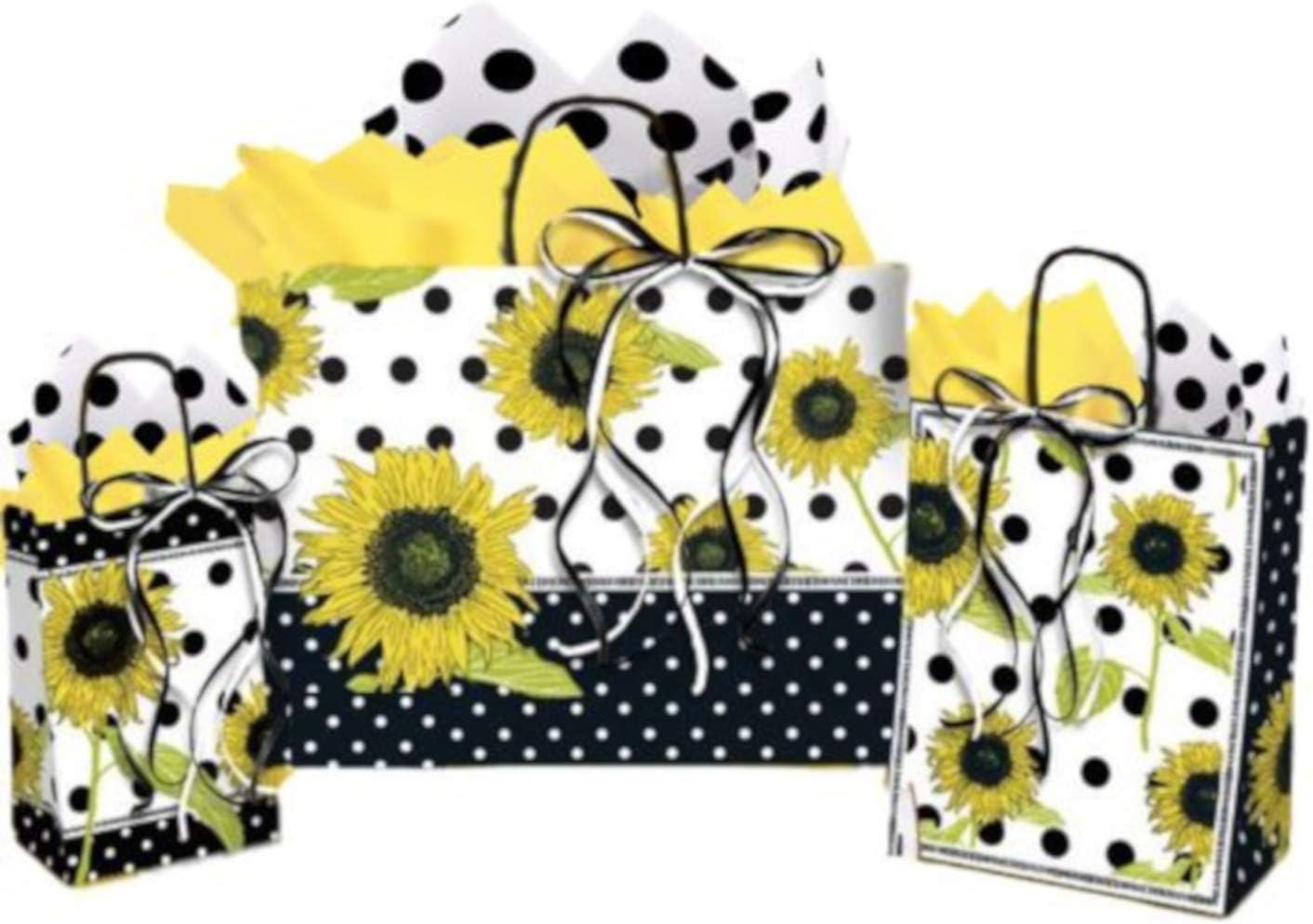 Sunflower Gift Bags - Assorted Sizes Bundled with Coordinating Tissue Paper and Raffia Ribbon (Sunflower Polka Dot): Health & Personal Care