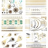 MOWOM Temporary Metallic Tattoos Bracelets Necklaces Gold Silver Black Feathers Arrows star Bling 6 Sheets