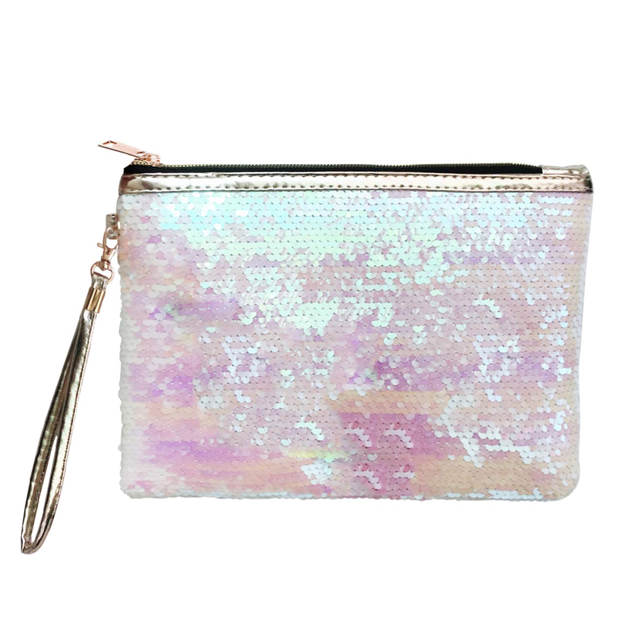 CCbeauty Makeup Bag Reversible Cosmetic Bag Fashion Women Handbag Bling Glitter Sparkling Shiny Clutch Purse Wallet Pouch (Pink+White)