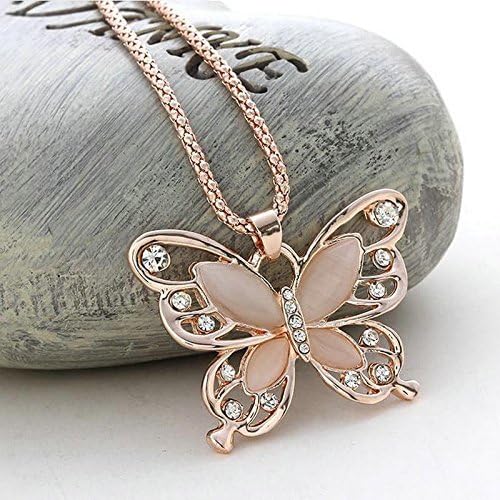 Fashion Women Rose Gold Opal Butterfly Charm Pendant Long Chain Necklace Jewelry by Thimmei