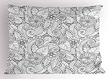 Ethnic Pillow Sham by Ambesonne, Monochrome Flowers Hearts and Paisley Motifs Nature Doodle with Tribal Influences, Decorative Standard Size Printed Pillowcase, 26 X 20 Inches, Black White