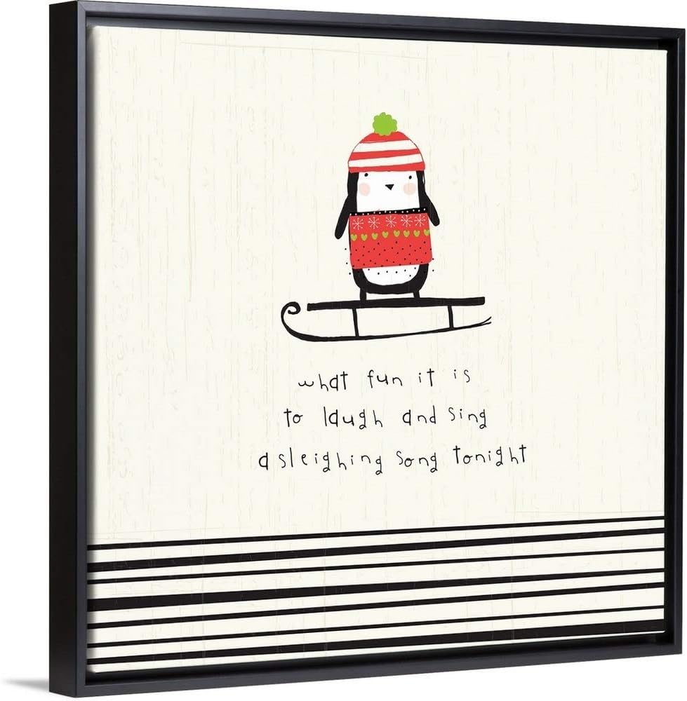 Sleighing Song Penguin Black Floating Frame Canvas Art, 32"x32"x1.75"