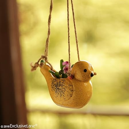 ExclusiveLane Ceramic Balcony Decorative Hanging Cum Garden Decor Hanging Planter (Yellow) (EL-021-015)