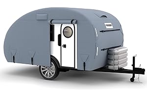 KING BIRD Heavy Duty Teardrop Travel Trailer Cover Fits 10'-12' Trailers, 5 Layers Top Waterproof Camper Cover with Windproof Strap for R-Pod Trailers, Clamshell Trailers