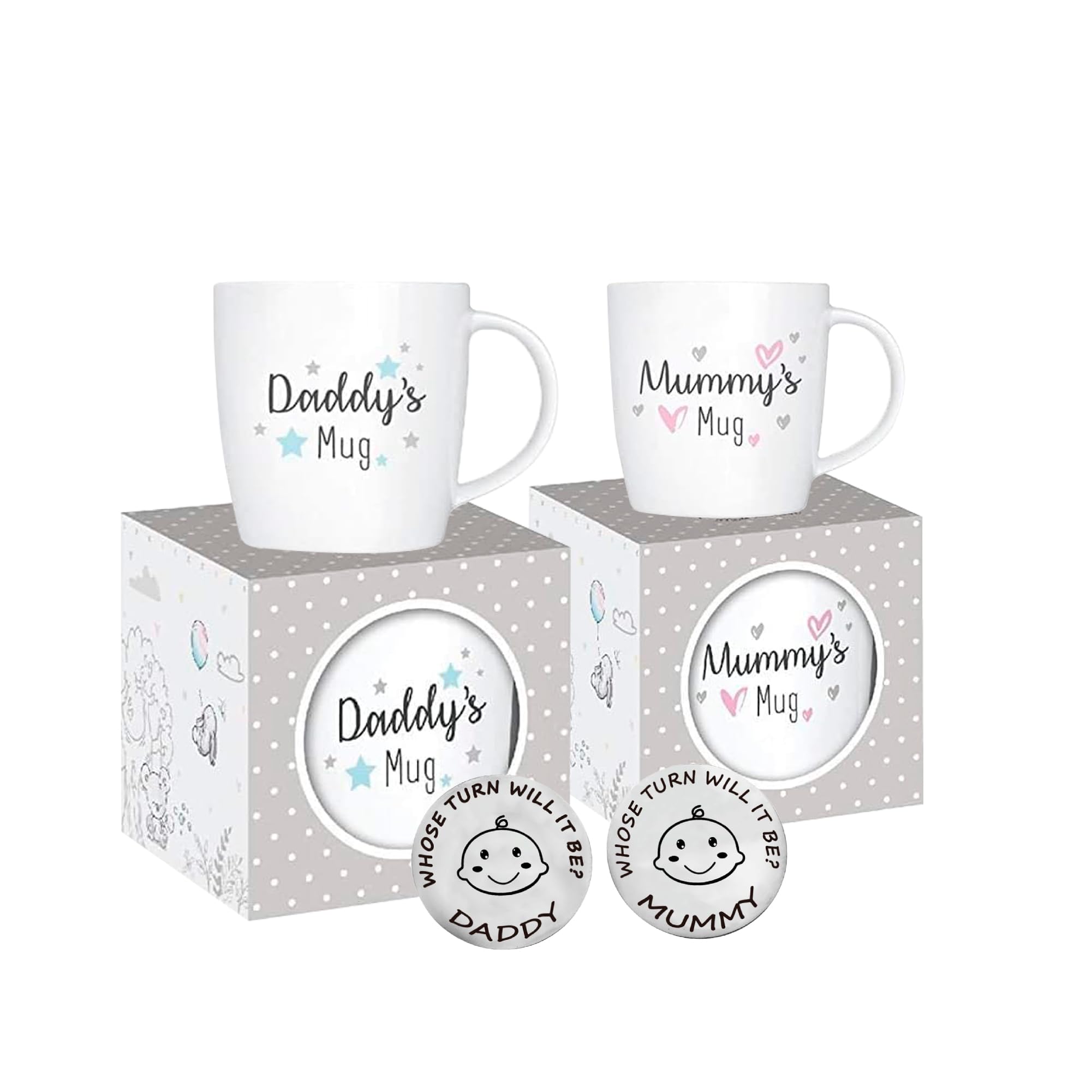 New Parents Set of 2 Mummy and Daddy Mugs - Gifts for Mum and Dad - Christmas Decision Coin for Parents