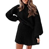 Zwurew Women's 2 Piece Outfits Long Sleeve Mock Neck Ribbed Sweaters and Mini Skirt 2025 Two Piece Sets
