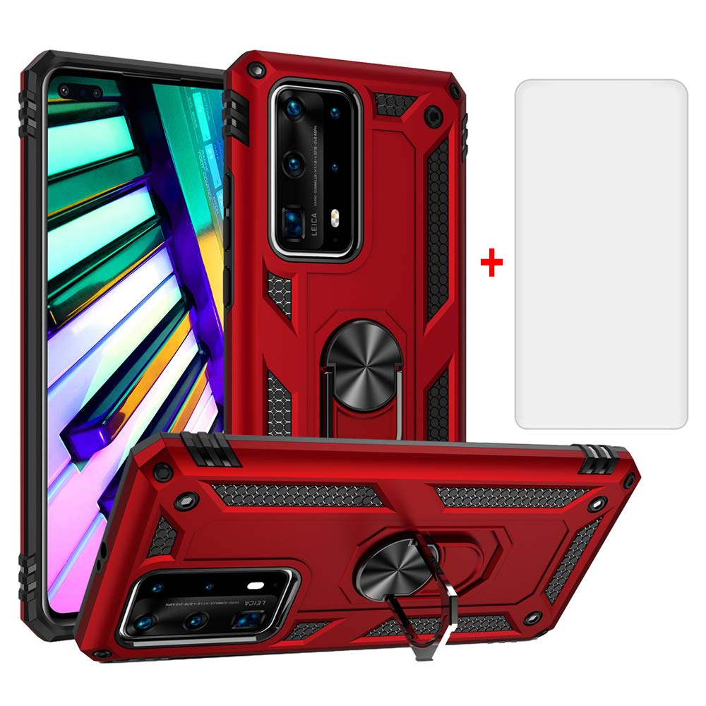 Phone Case for Huawei P40 Pro with Tempered Glass Screen Protector Cover Stand Ring Rugged Silicone Holder Hard Shockproof Heavy Duty Accessories Magnetic Metal huawei Hawaii Hwauei Haweii Men Red