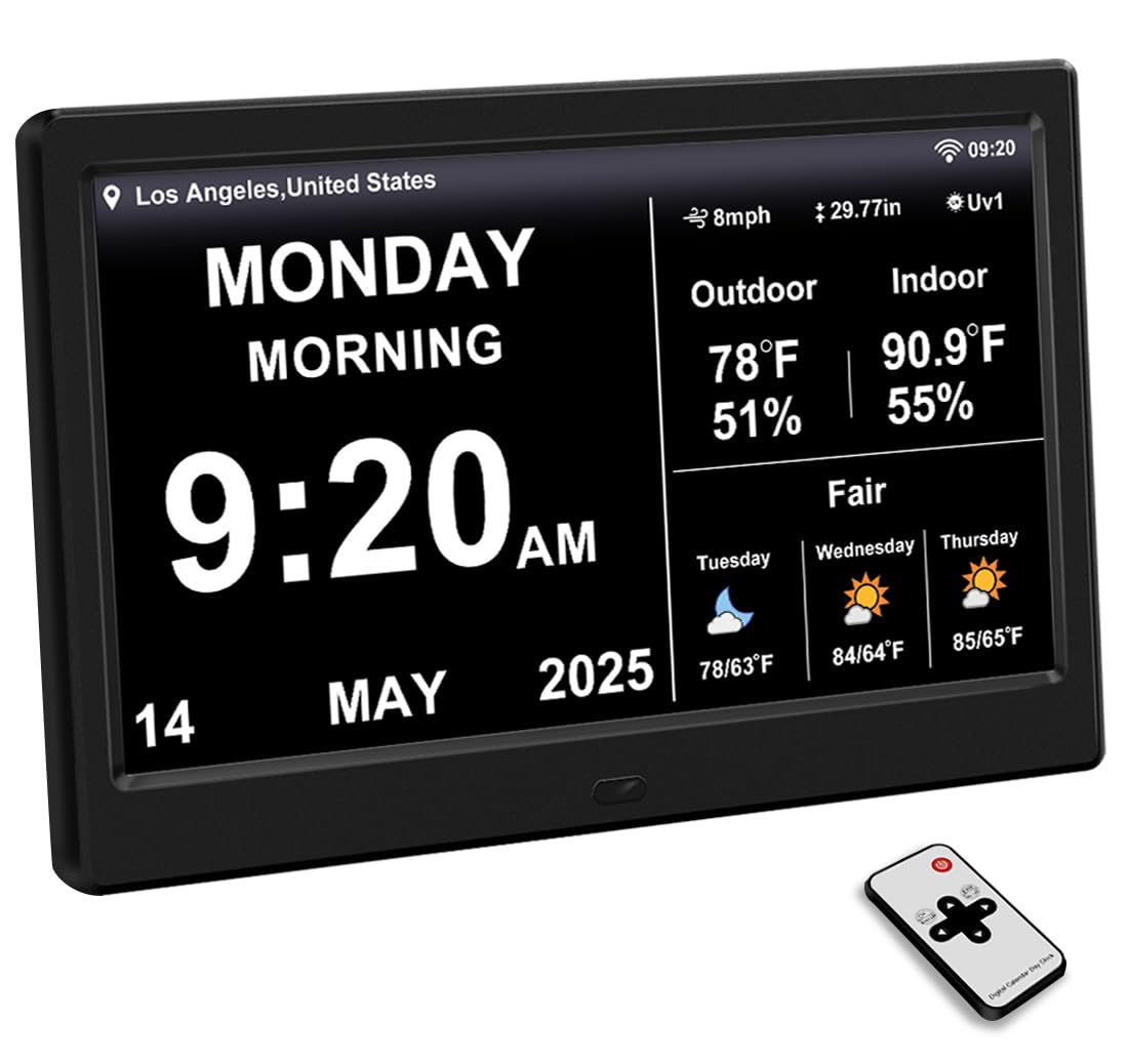 Photo 1 of FEYBYLA 2025 New Digital Clock with Temperature/Humidity & Weather Forecast, Auto Time Sync Large Display, Custom Alarms & Medication Reminders, Ideal for Elderly(Black, 10.1-Inch)