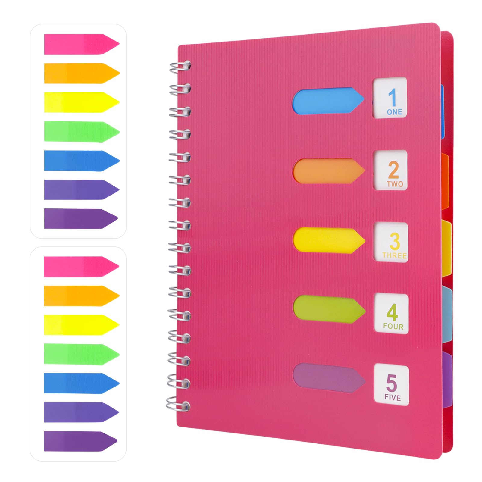 HMIEPRS A5 Notebook with Dividers, Subject Spiral Notebook with 2Pcs 7 Colored Index Tabs, 240 Pages Wirebound Project Notebooks, Plastic Cover Lined Journal for Student School Office Study (Pink)