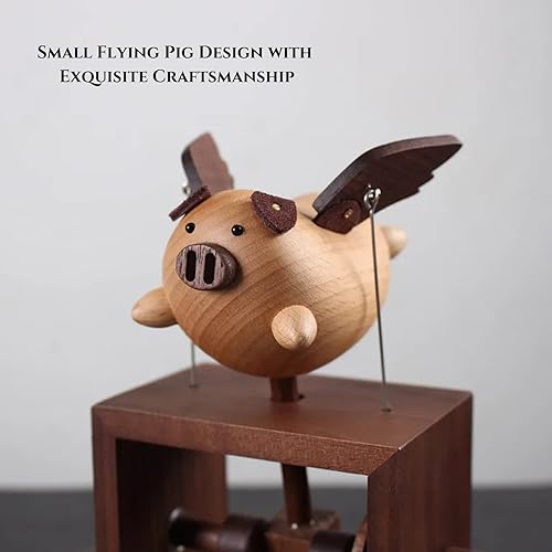 NADEnVIE Wooden Flying Pig Little Music Box Ornament Hand-cranked