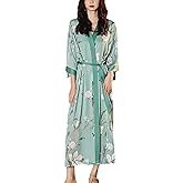 Daiwor Kout Silk Satin Robe for Women Long Japanese Kimono Robe Lightweight Soft Bathrobe Floral Luxury Dressing Gown