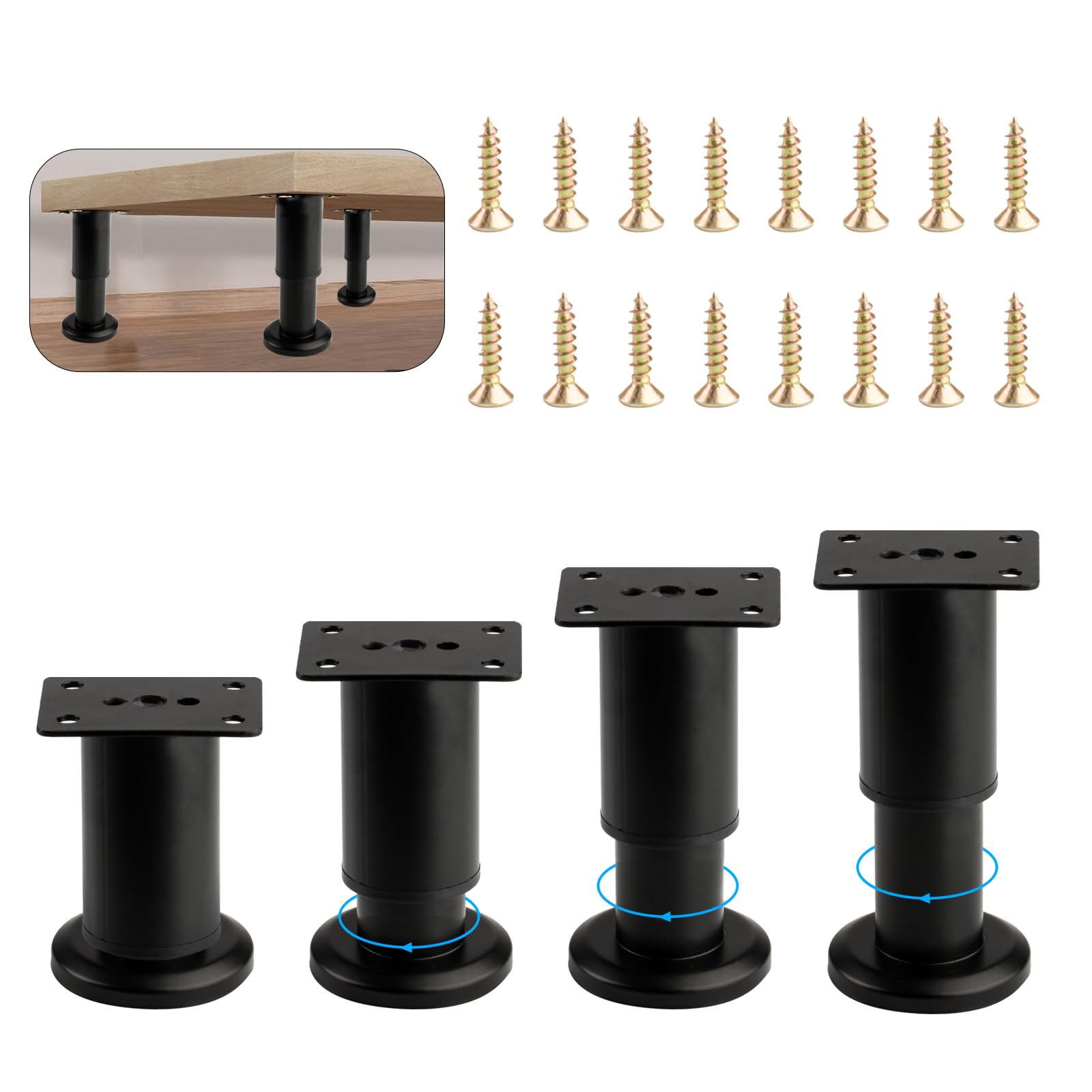 4 Pcs Adjustable Furniture Legs for Furniture Feet, 4.72- 7.08" Height Adjustable Feet, Black Stainless Steel Support Cabinet Legs for Sofa Coffee Table Chair Desk Kitchen Cupboard Legs Feet