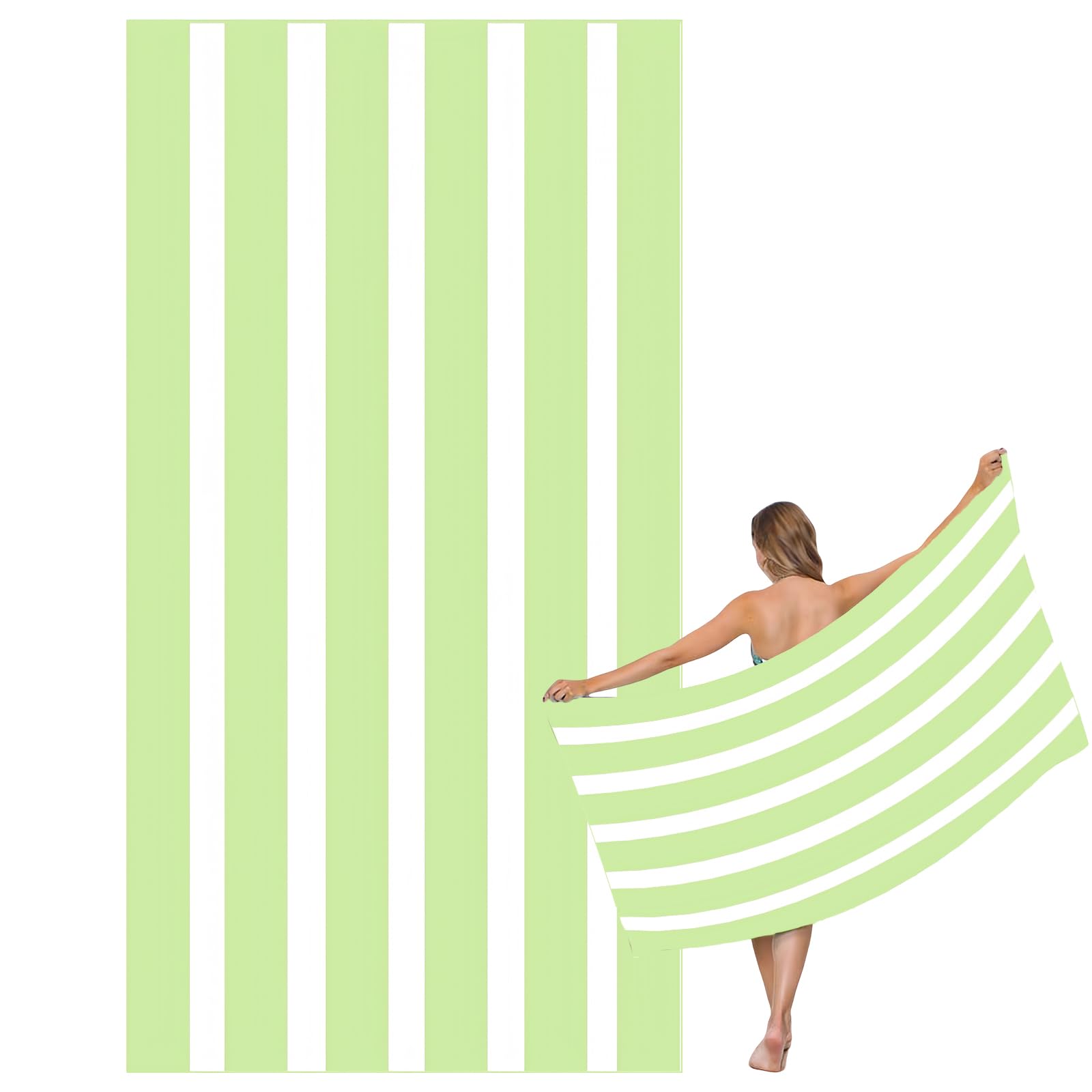 Large Quick Dry Microfibre Beach Bath Towel for Adult,Double Sides Green White Striped Sand Free Beach Towel with Bag,Lightweight Gym Yoga Sports Towel,Compact Travel Summer Beach Towel for Women Men