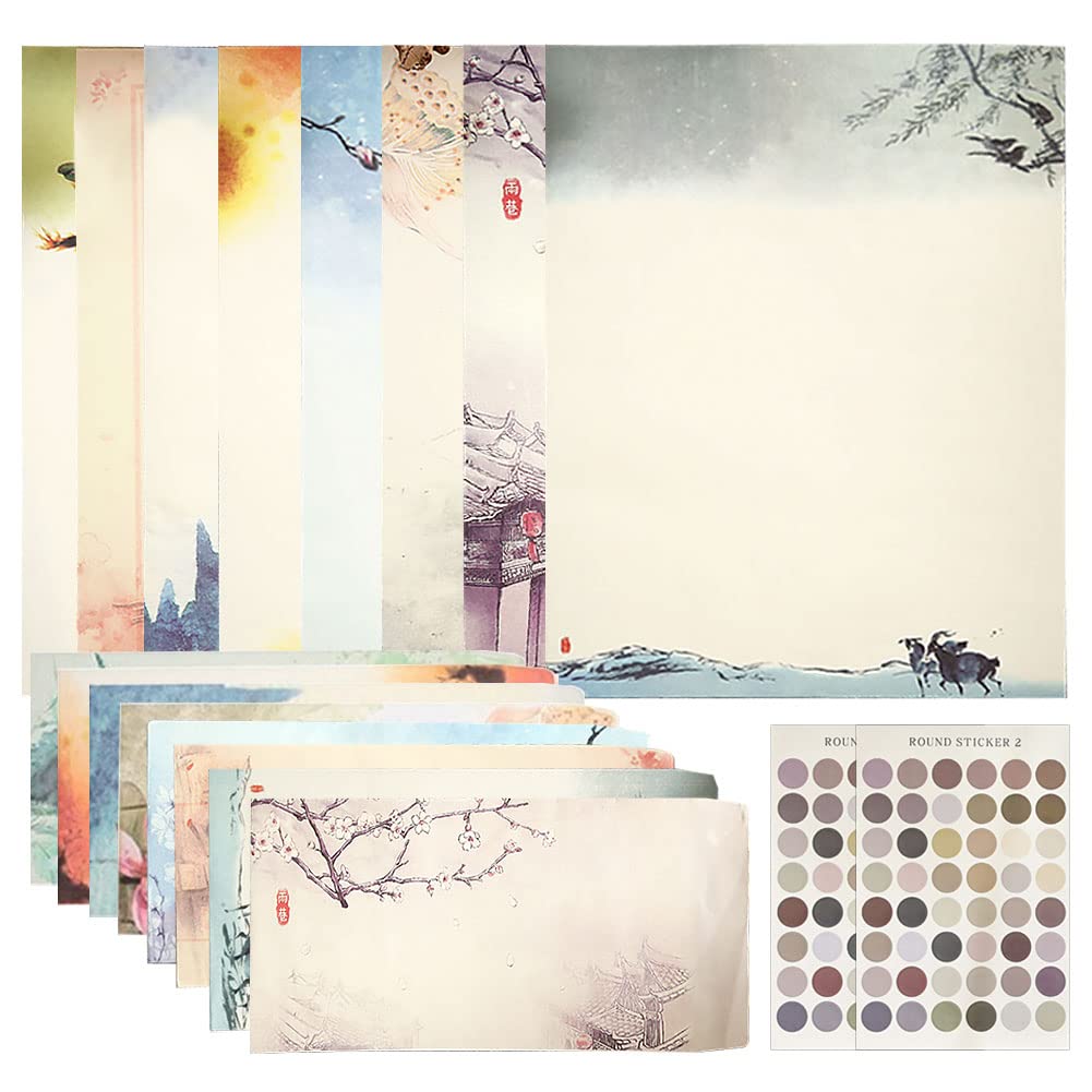LOVECENTRAL Japanese Writing Paper and Envelopes,32pcs Vintage Design Stationery Paper Chinese Retro Floral Landscape Writing Paper for Kids Student Office, 26.3x18.7 cm
