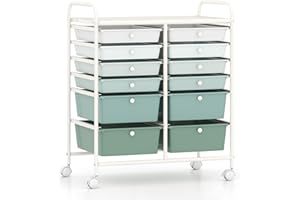 COSTWAY 12-Drawer Rolling Storage Cart, Moveable Art Supply Organizer w/Lockable Wheels, Metal Shelf, Multipurpose Tools Pape