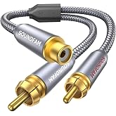 SOUNDFAM RCA Y Splitter 1 Female to 2 Male RCA/Phono Splitter Cable Stereo Y Adapter Gold-Plated Plug for Subwoofer, TV, CD Player, Home Theater-Grey(1Feet/30cm)