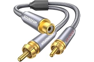 SOUNDFAM RCA Y Splitter 1 Female to 2 Male RCA/Phono Splitter Cable Stereo Y Adapter Gold-Plated Plug for Subwoofer, TV, CD Player, Home Theater-Grey(1Feet/30cm)