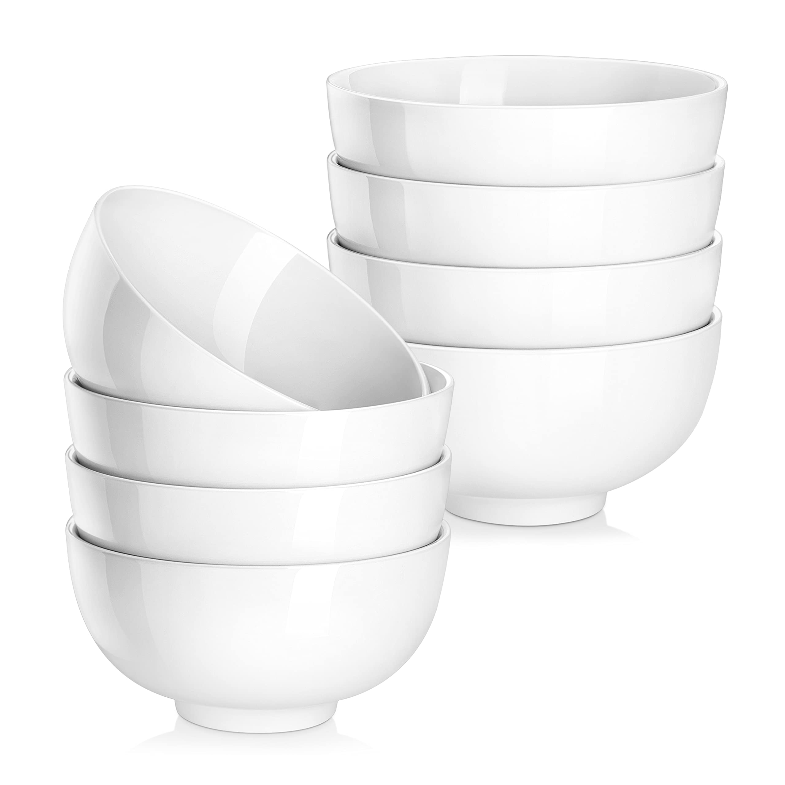 MALACASA, Series Regular, 420ML Porcelain Bowl Set of 8, White Cereal Bowl/Soup Bowl/Rice Bowl/Dessert Bowl/Breakfast Bowl/Salad Bowl (12.8 * 12.8 * 6.5CM)