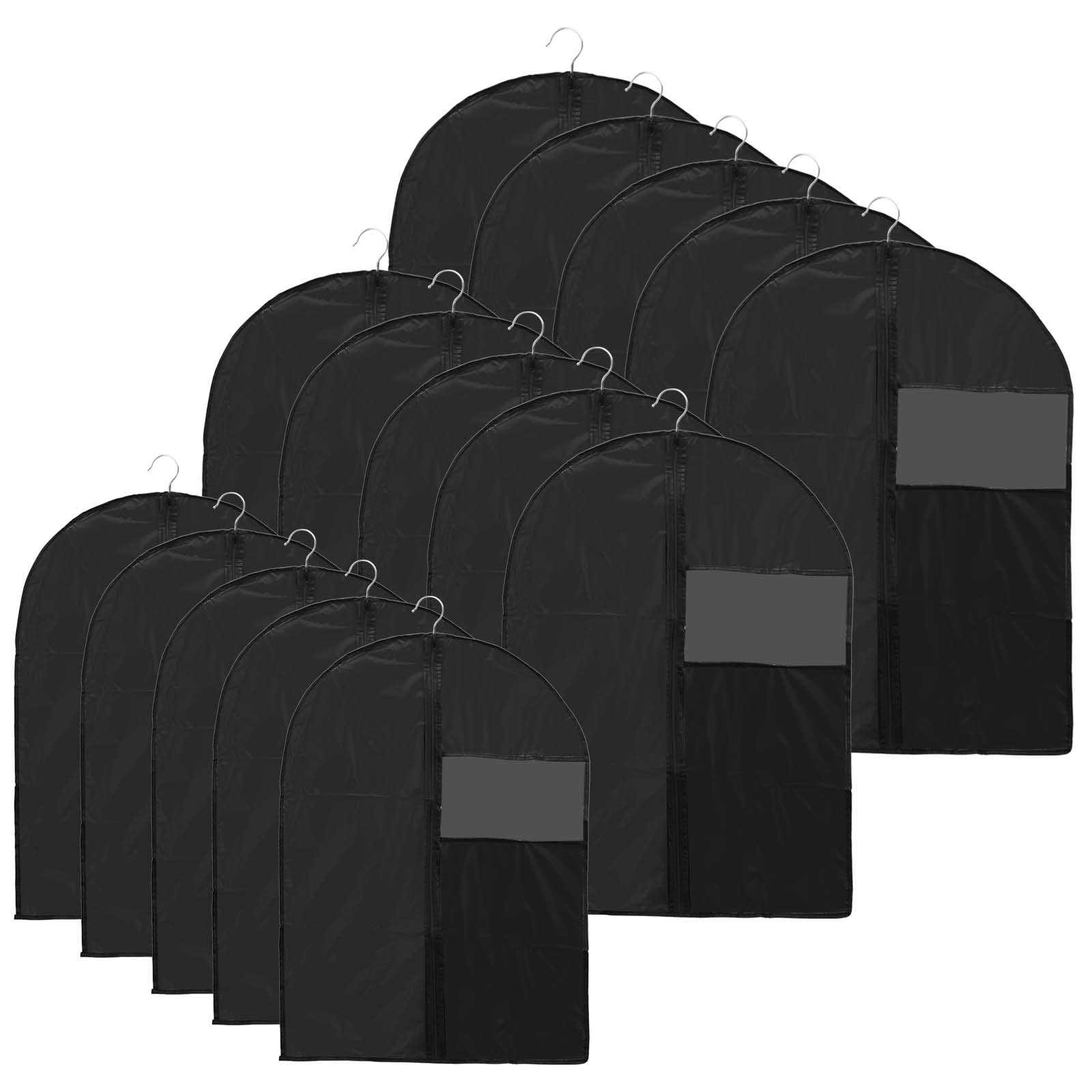 JEUIHAU 15 Pack 3 Sizes Breathable Suit Covers Garment Bags, Clothes Covers with Clear Window, 120cm 100cm 80cm Large Moth Proof Coat Bag with Zip for Suit, Jacket, Dress, Closet Storage, Black