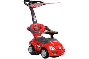 ChromeWheels 3 in 1 Ride on Toys Pushing Car with Removable Sun Visor, Mega Car for Toddlers w/Handle & Horn & Music, Color Red