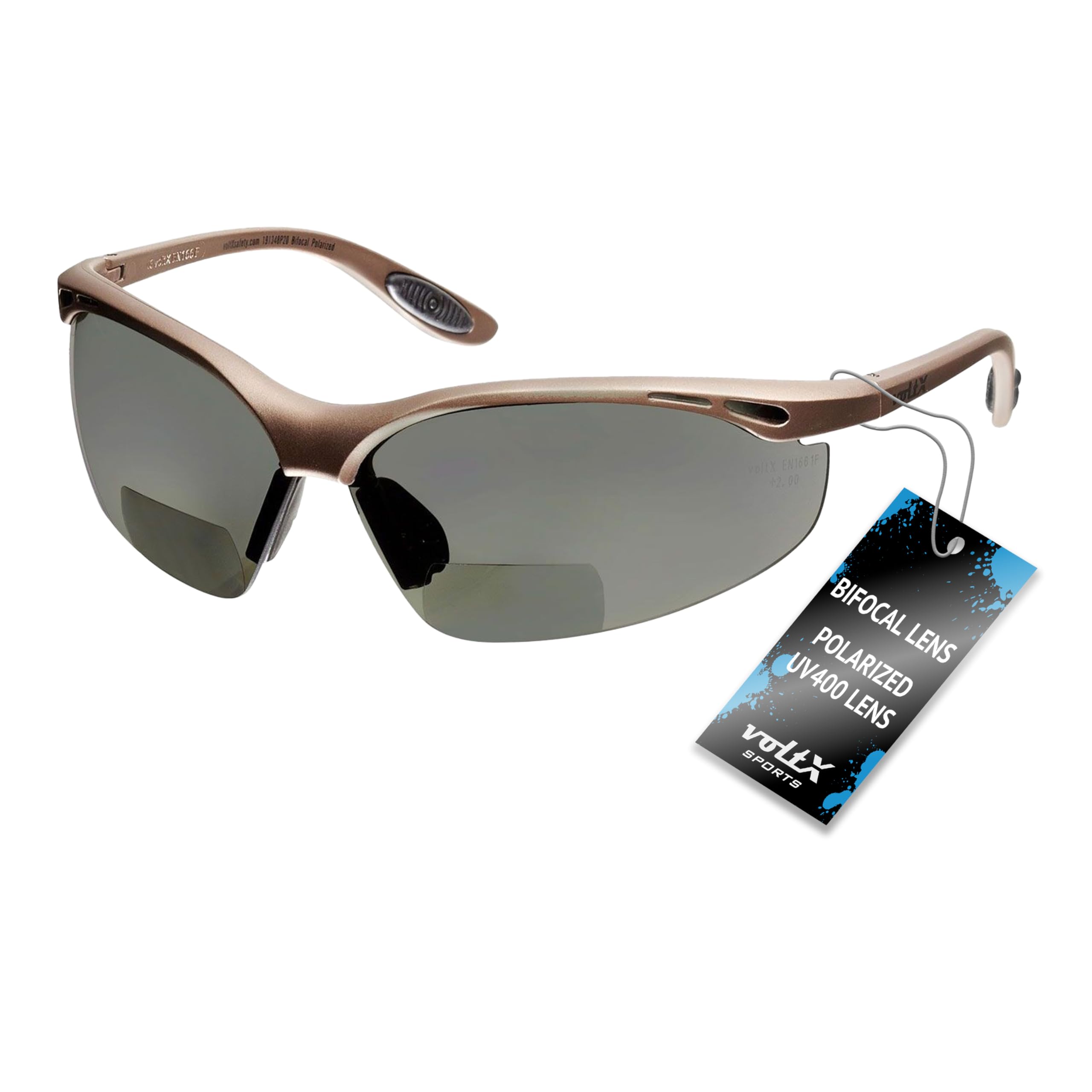 voltX 'CONSTRUCTOR SPORTS POLARISED Bifocal Safety Glasses (+3.0 Dioptre) UKCA & CE EN166F certified. Includes microfibre bag and safety cord + UV400 anti fog coated lens
