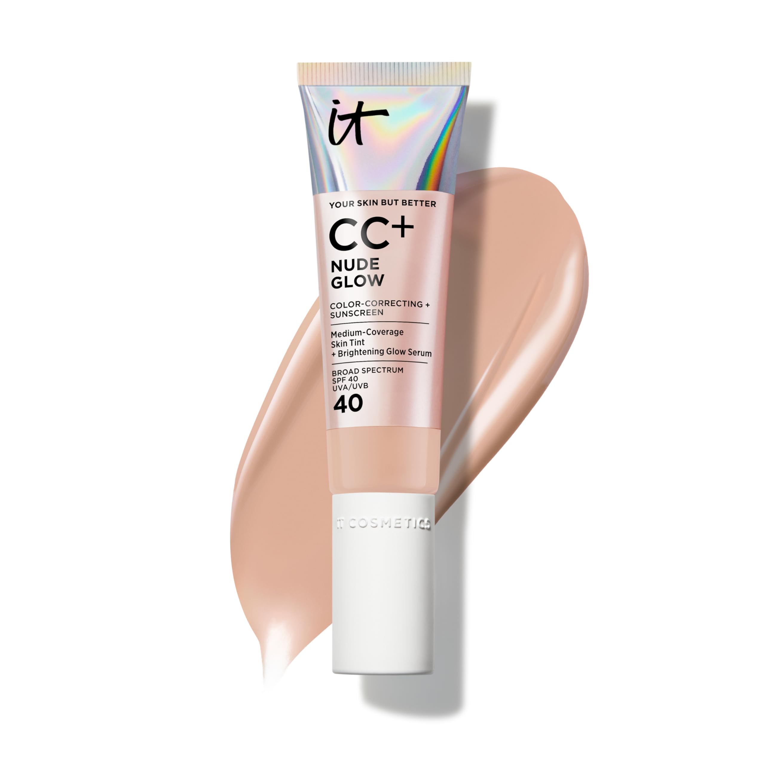 IT Cosmetics CC+ Nude Glow (Medium Cool) - Medium Coverage Foundation with SPF 40 & Brightening Glow Serum, Lightweight Skin Tint, 2% Niacinamide + Hyaluronic Acid, Up to 24H Hydration - 1.08 fl oz Image