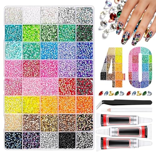 40000Pcs 40 Colors Resin Jelly Rhinestones Kit for Bedazzling, DIY Bulk Resin Gems Set, Flatback Gem for Crafting with 3 Pcs 10ml Jewelry Glue, Multicolor 3mm Flatback Gems for Diamond Art Nail Art