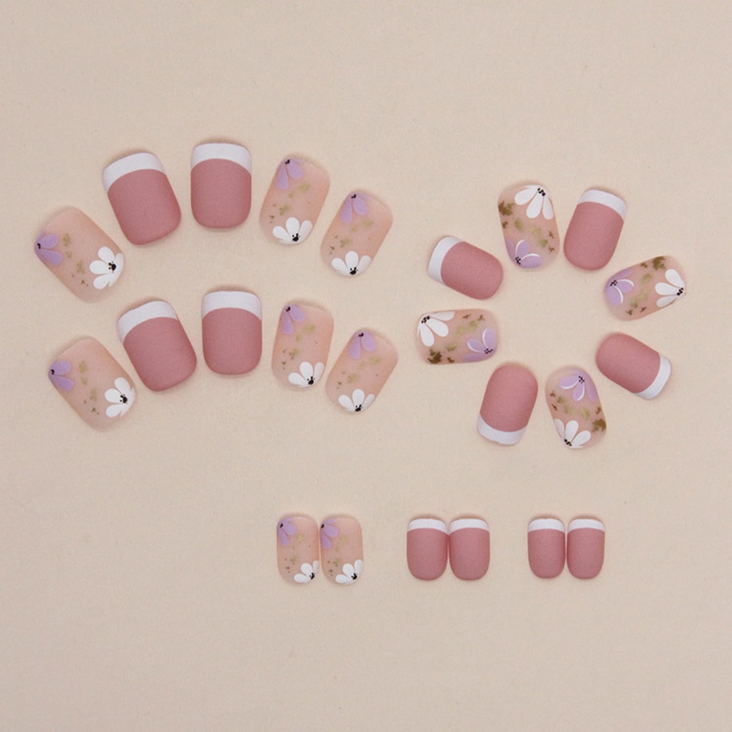 French Tip Press on Nails Short Petite Fake Nails Square Matte False Nails with Flower Designs Acrylic Nails Cute Extra Short Pink Glue on Nails Reusable Artificial Stick on Nails for Women Girls - Image 2