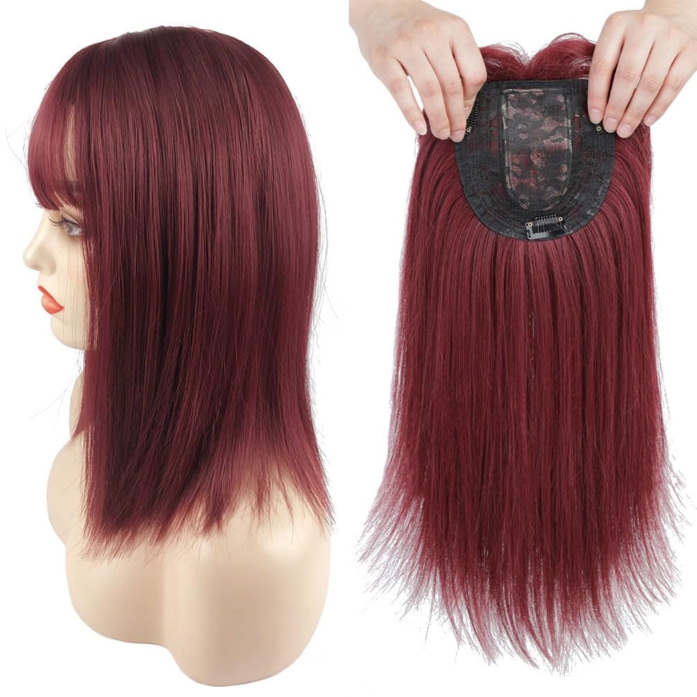Silk Straight Hair Topper Thick Bangs 16inch Clip in One Piece Invisible Wiglet Head Top Replacement for Women Hair Loss (Wine Red)