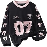 RoseSeek Girl's Jersey Bowknot Graphic Number Print Tees Long Sleeve Crew Neck Shirts Cute Tee Tops Streetwear