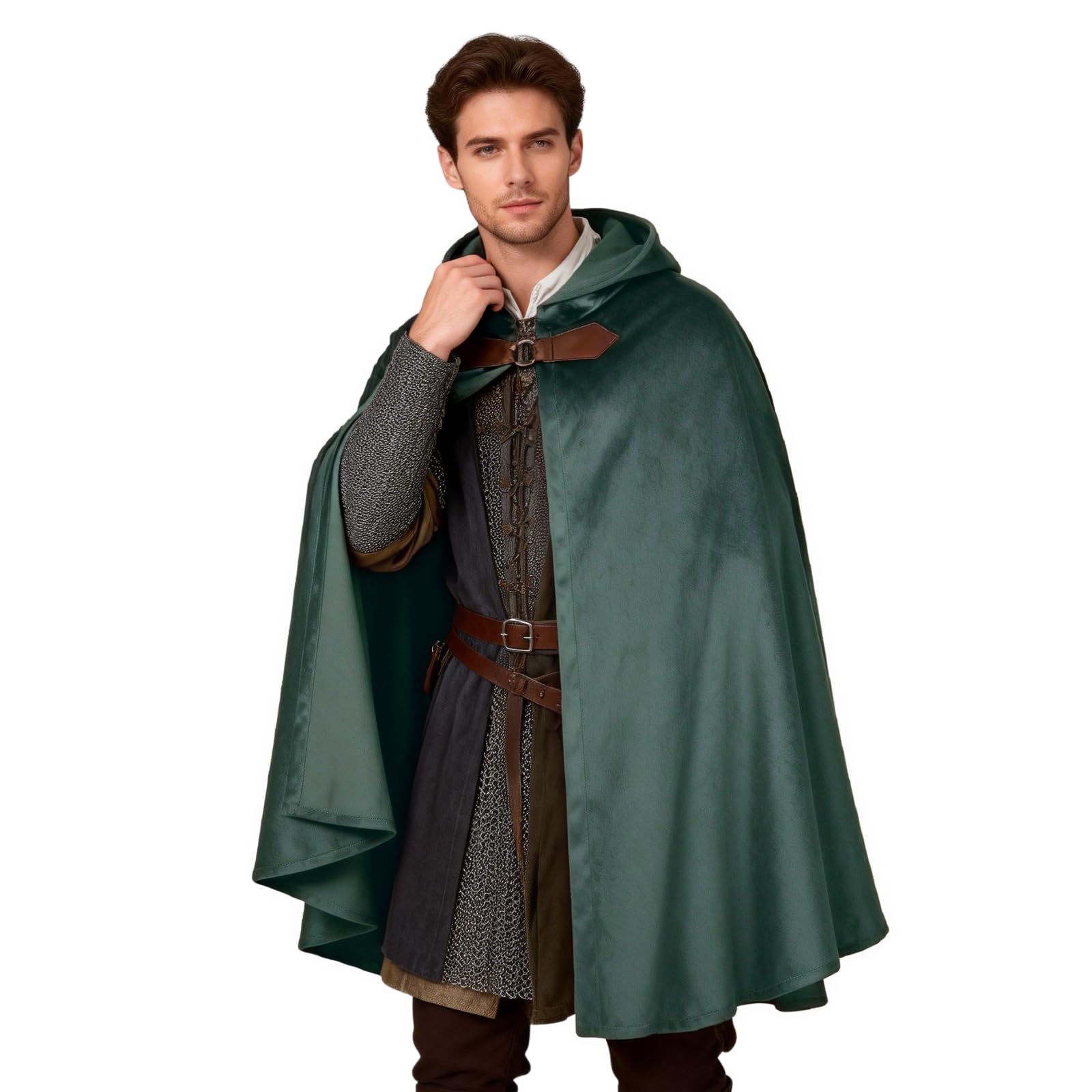 HAPNBCELE Adults Medieval Cloak with Hood, Renaissance Cape Costume Halloween Wizard Cosplay LARP Renaissance Fair RPG Party (Forest Green, 39.3“/100cm)