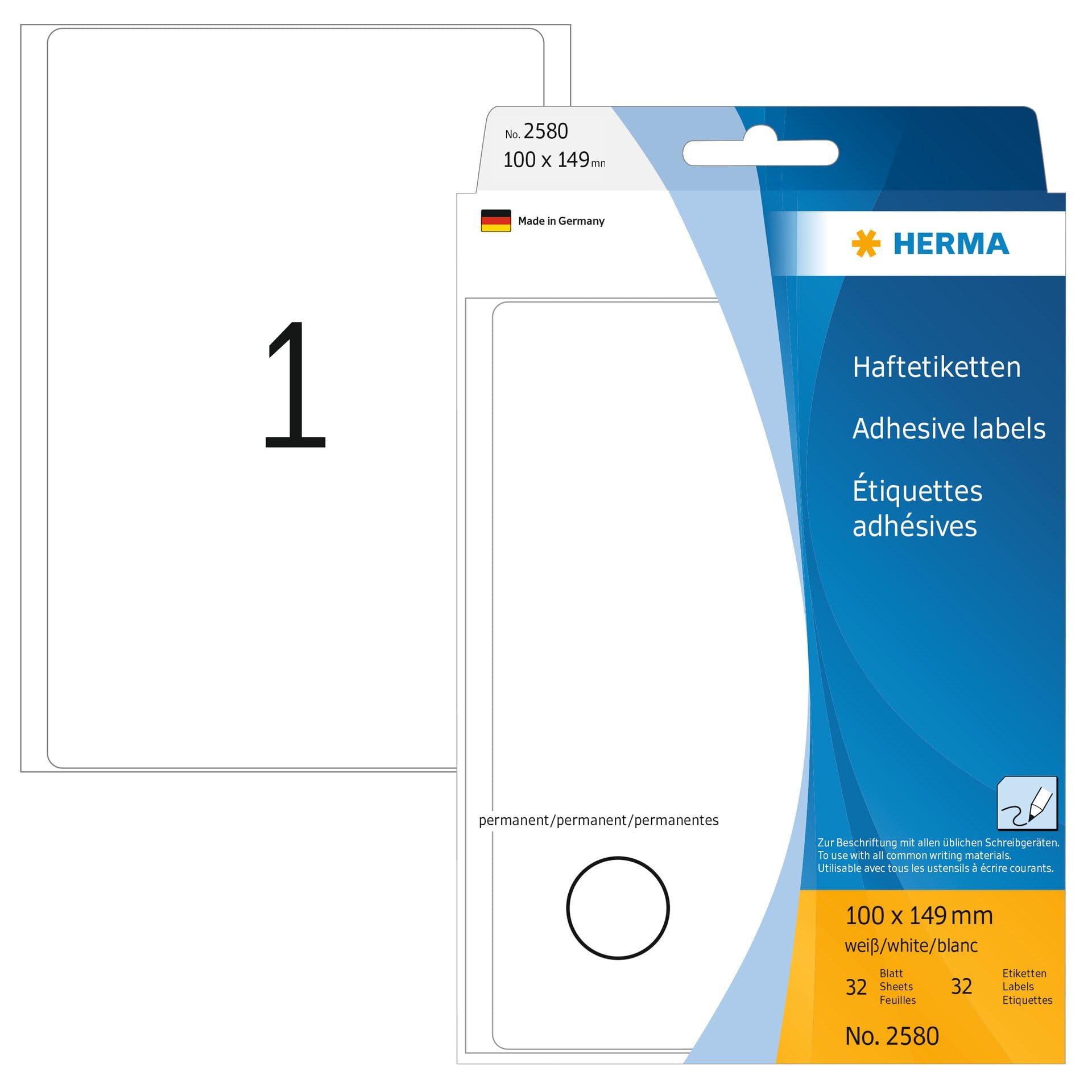 HERMA Multi Purpose Labels, 1 Label per Sheet, 32 Sheets, 100 x 149 mm, 32 Labels, Self Adhesive Large Labels Stickers, Blank Sticky Labels for Office Kitchen Home, White
