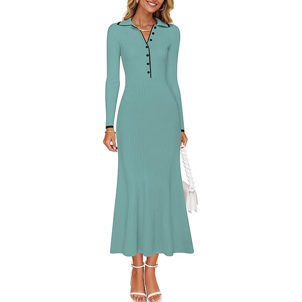 chinese dress ladies MEROKEETY Womens Long Sleeve V Neck Sweater Dress 2026 Button Ribbed Knit  Elegant Maxi Winter Dresses, Lvory, Medium at Amazon Women's Clothing store