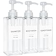 Shampoo and Conditioner Dispenser, Refillable Plastic Shampoo Pump Bottles with Waterproof Labels, Empty Body Wash Dispenser Set for Bathroom, Shower Soap Bottles (Clear, Set of 3, 16.9oz)