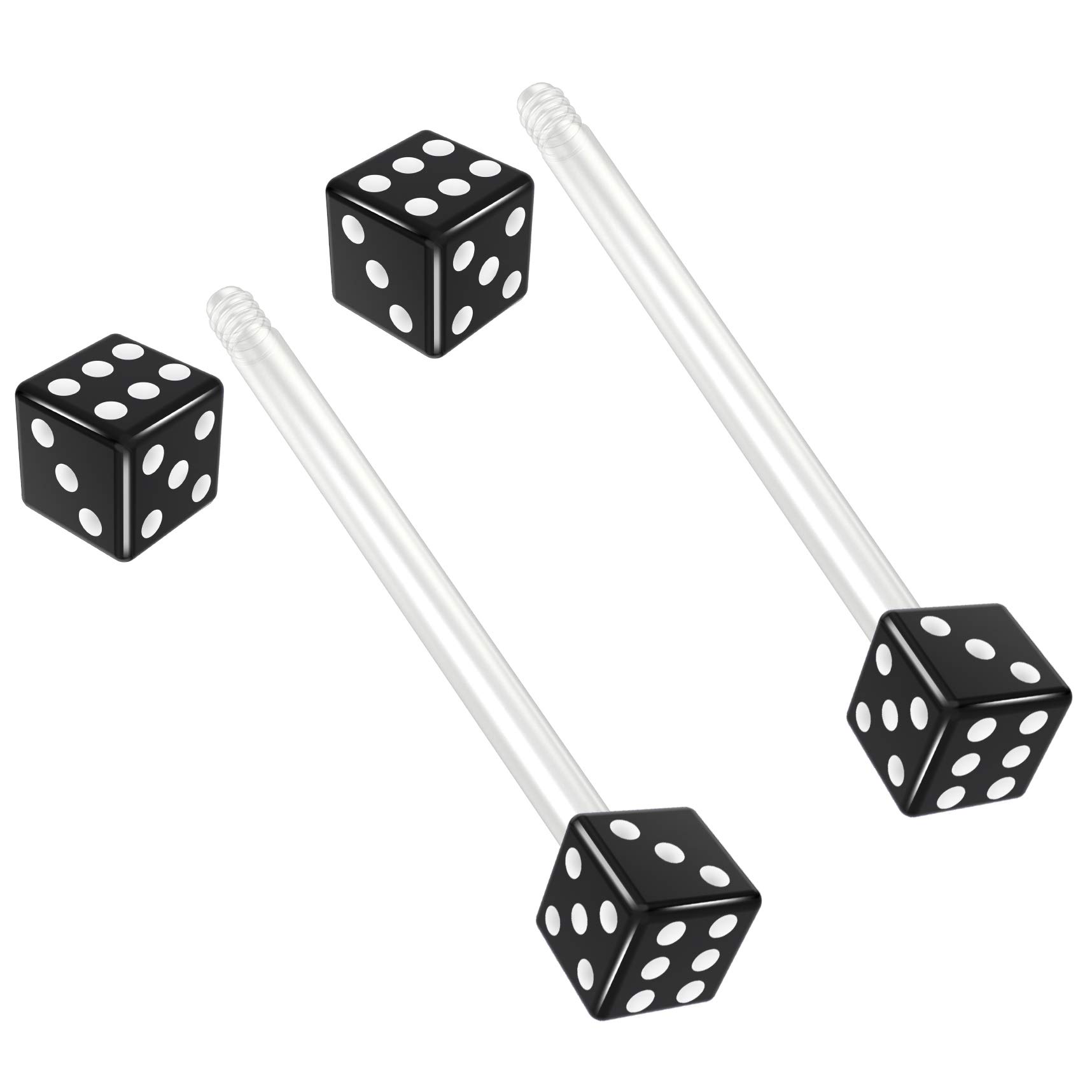 Evonix 2pc 16mm 1.6mm Flexible Tongue Bar Rings Bioflex 19mm 3/4 Bioplast Barbell Ring Black Acrylic Dice