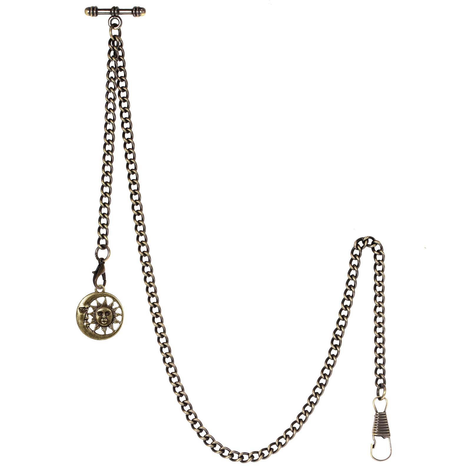 TREEWETO Pocket Watch Chain with T Bar End Albert T-Bar Pocket Watch Chain with Antique Sun Pendant and 2 Hooks for Vest Buttonhole Bronze