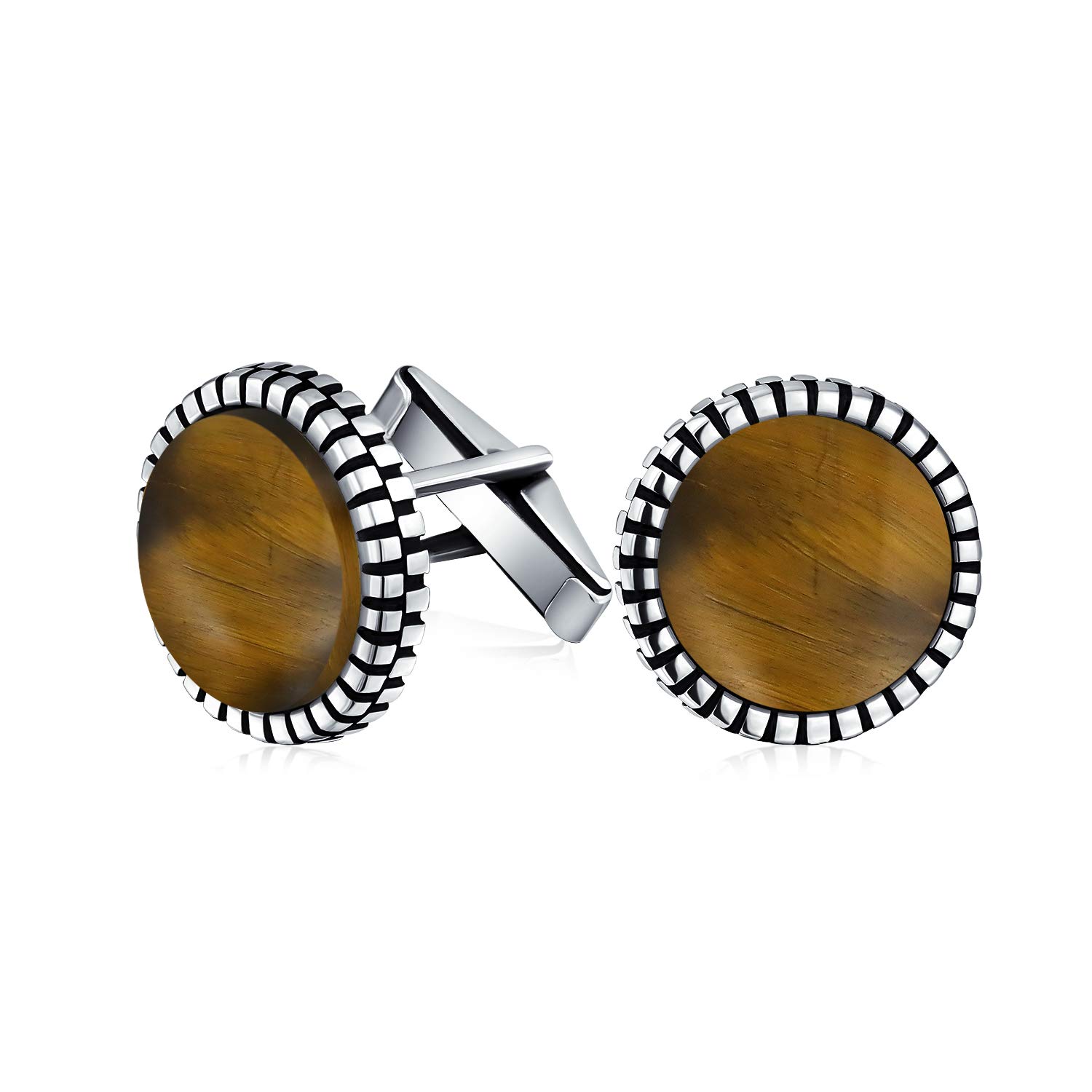 Classic Formal Geometric Blackened Pattern Edge Round Circle Golden Brown Tiger Eye Shirt Cufflinks For Men Groom Bullet Hinge .925 Sterling Silver