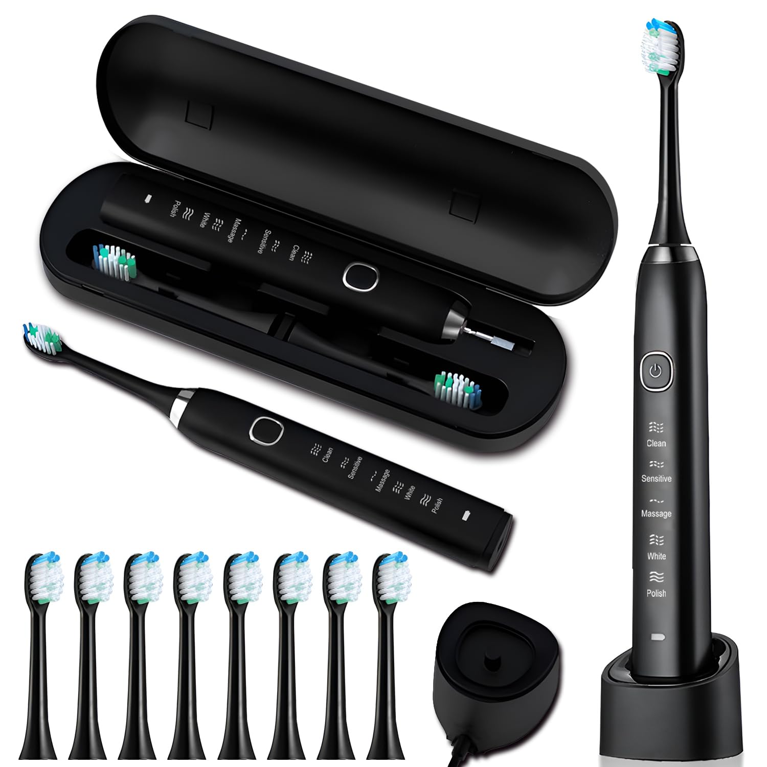 Sonic Electric Toothbrush Electric Toothbrushes Adults 8 Brush Heads Travel Case Wireless Charging 5 Cleaning Modes 2 Minute Smart Timer Sonic Toothbrushes Ultra Whitening IPX7 Waterproof