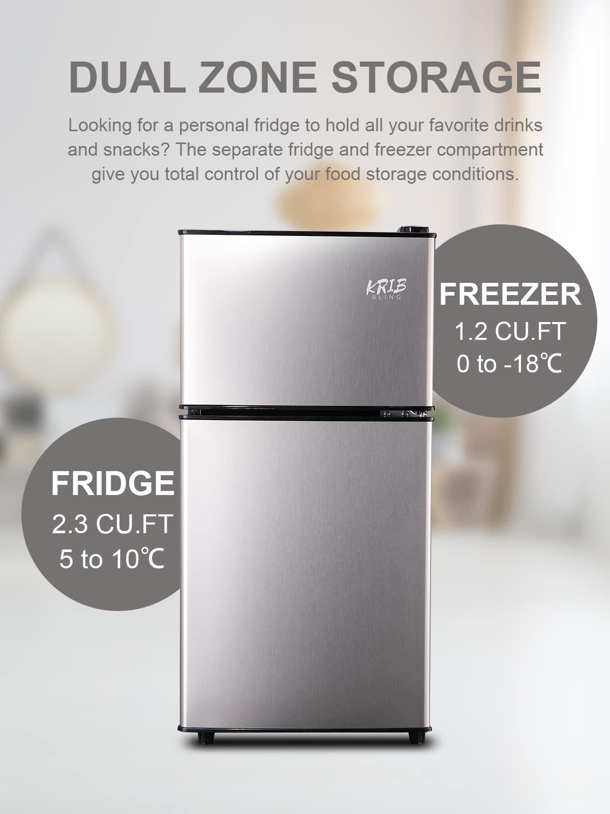 KRIB BLING Mini Fridge With Freezer,Compact Refrigerator With 2 Doors,7- Level Adjustable Thermostat, Removable Glass Shelves For Bedroom, Office, Kitchen, Apartment, Dorm, 3.5 Cu. Ft Silver