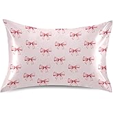 Pink Ribbon Bow Pillow Covers Silk Pillowcase for Hair and Skin Breathable Soft Satin Pillowcase Standard Size Pillow Case for Hot Sleepers Bed Women 20x26 Inch