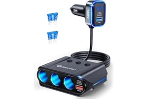 7 in 1 Cigarette Lighter Splitter, SONRU 180W (max 192W) 3-Socket Car Cigarette Lighter Adapter with Dual PD 36W/QC3.0 Fast Charging (3.7FT Cable) 12V/24V Independent Switches & LED Voltage Display