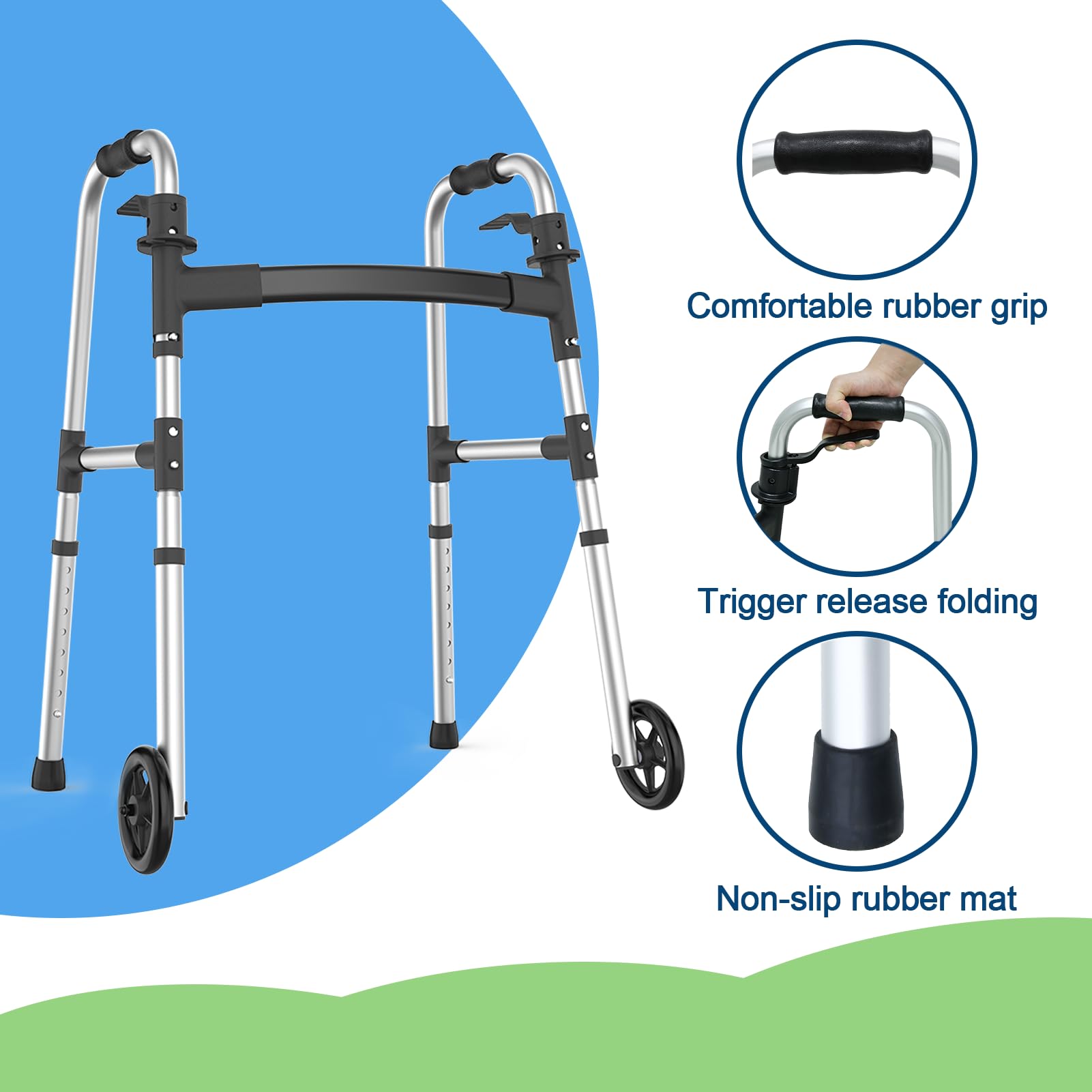 Loyoda Walkers for Seniors, Folding Walker with Ski Glides 5'' Front Wheel Medical Lightweight Walker Height Adjustable Aluminum Standard Walker for Handicap and Adults (Silver)