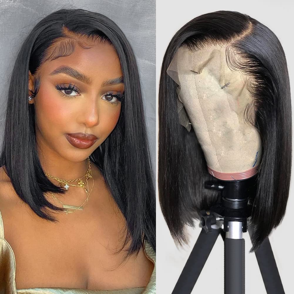 Photo 1 of Flady 12 inch Straight Bob Wig Human Hair 13x4 HD Frontal Lace Wig Short Bob Wigs for Women Glueless Bob Lace Front Wigs Human Hair Pre Plucked 150% Density Natural Black Color