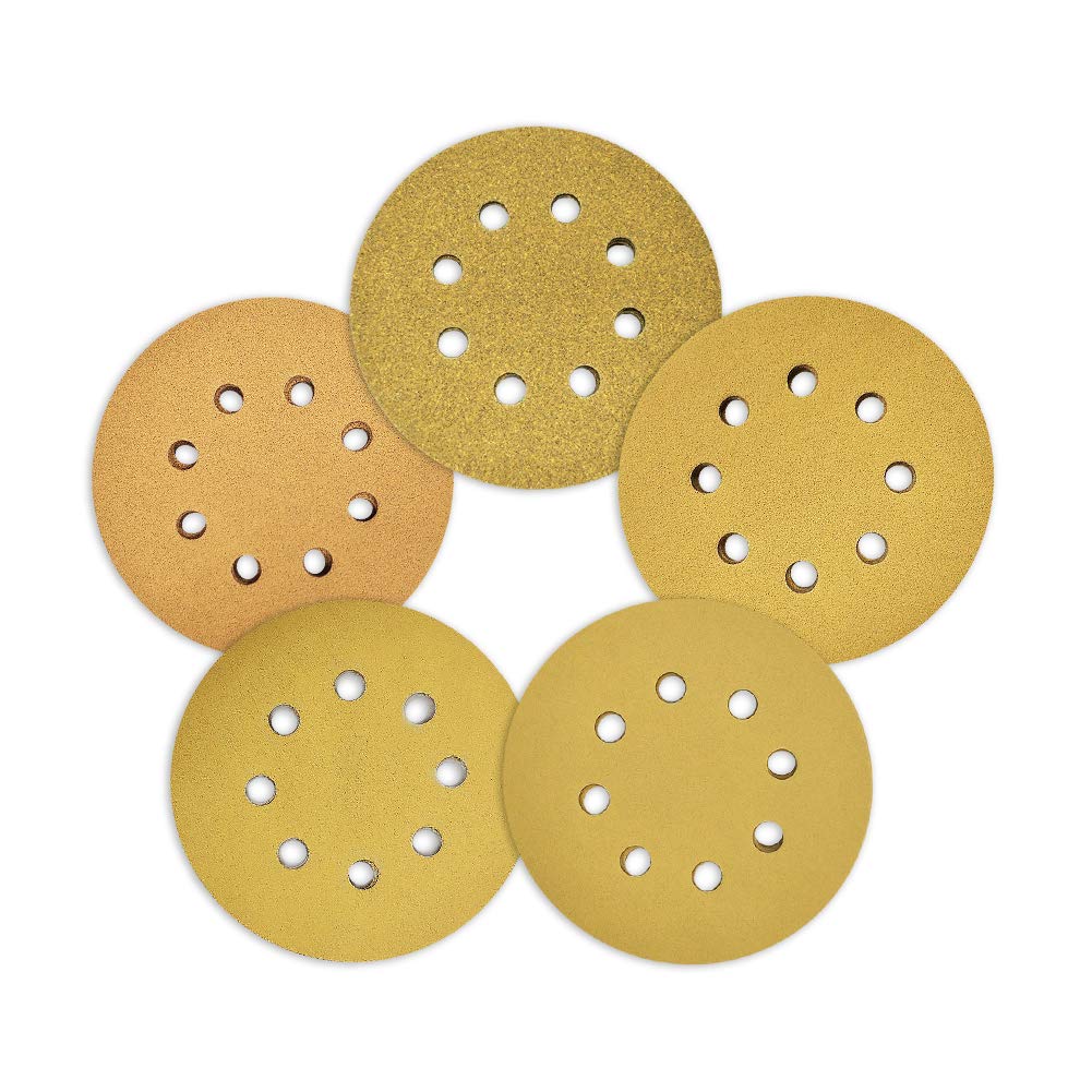 SPEEDWOX 100 Pcs 5 Inch Sanding Discs 8 Hole Hook and Loop Assortment 20 Discs Each of 80 100 120 150 220 Assorted Grits Dustless Sandpaper Yellow Finishing Discs for Automotive Variety Pack