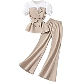 OYOANGLE Girl's 2 Piece Summer Outfit Puff Sleeve Belted Blouse Top and Bell Bottom Pants Set