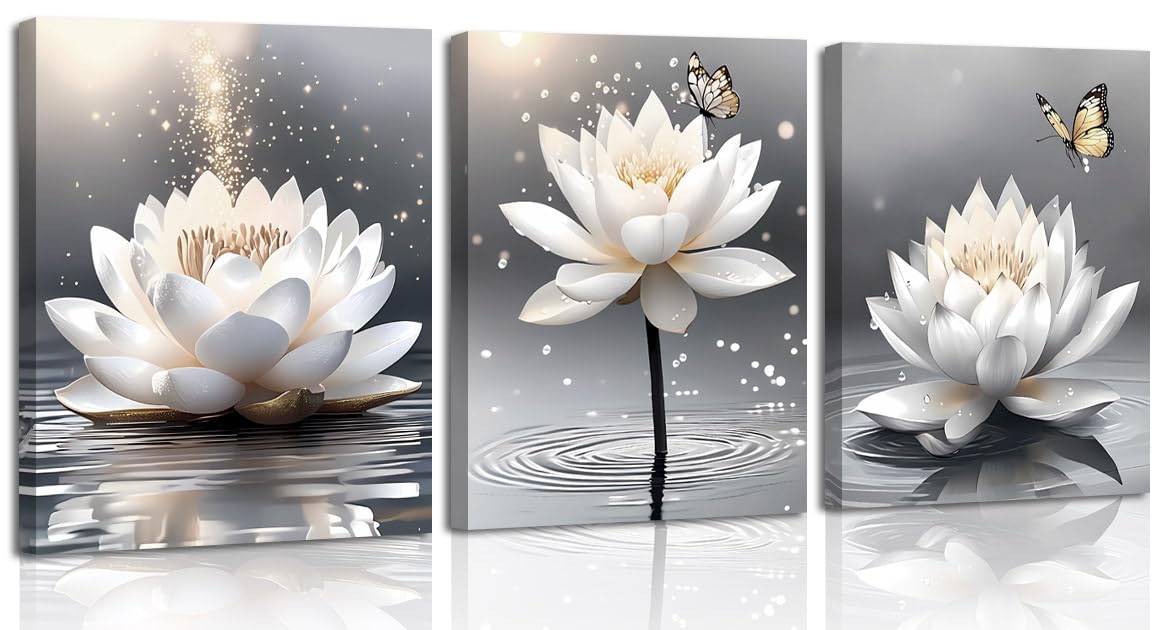 Photo 1 of Framed Canvas Prints Art Lotus Floral Pictures Wall Art for Zen Office Decor Meditation Poster Butterfly Lotus Floral Artwork Painting for Yoga Meditation Room Bathroom Wall Decor Set of 3(8”X10”)