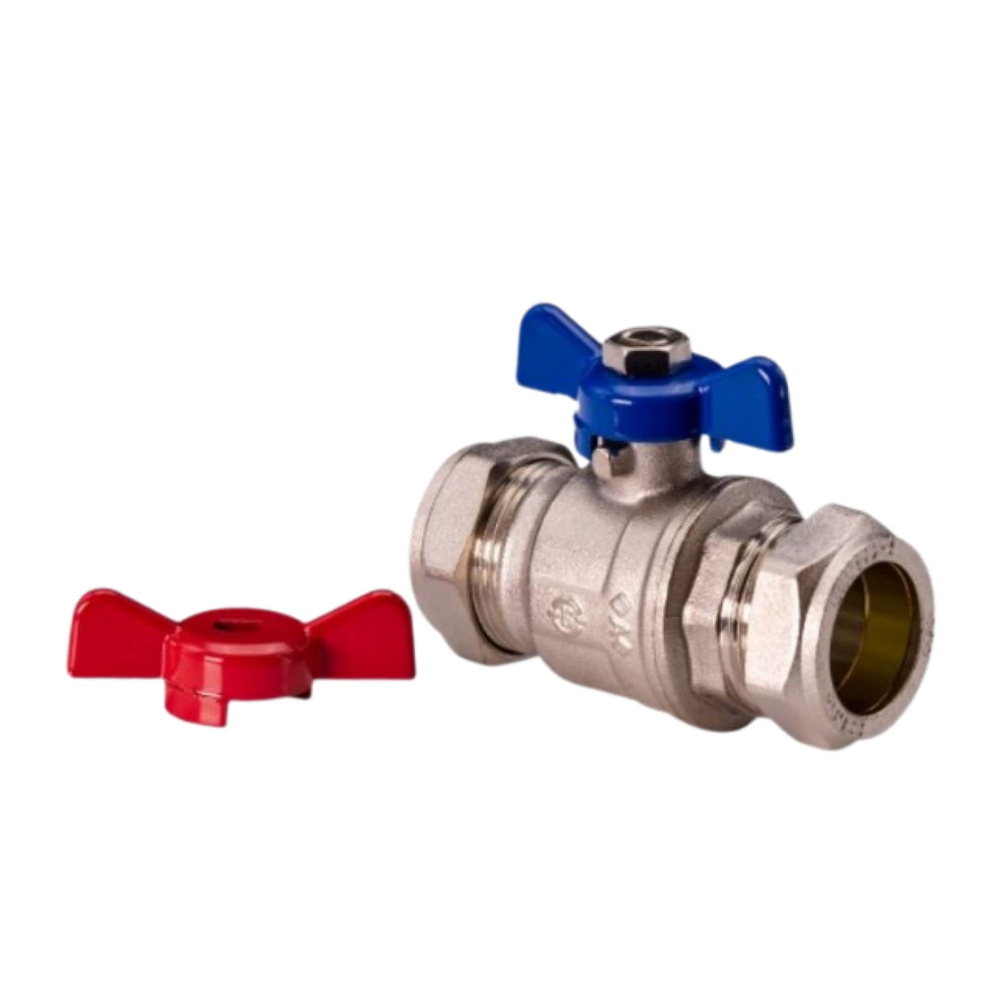 Wärmer System Butterfly Ball Valve, 22mm Compression Fitting, Brass Construction with Red and Blue Handle