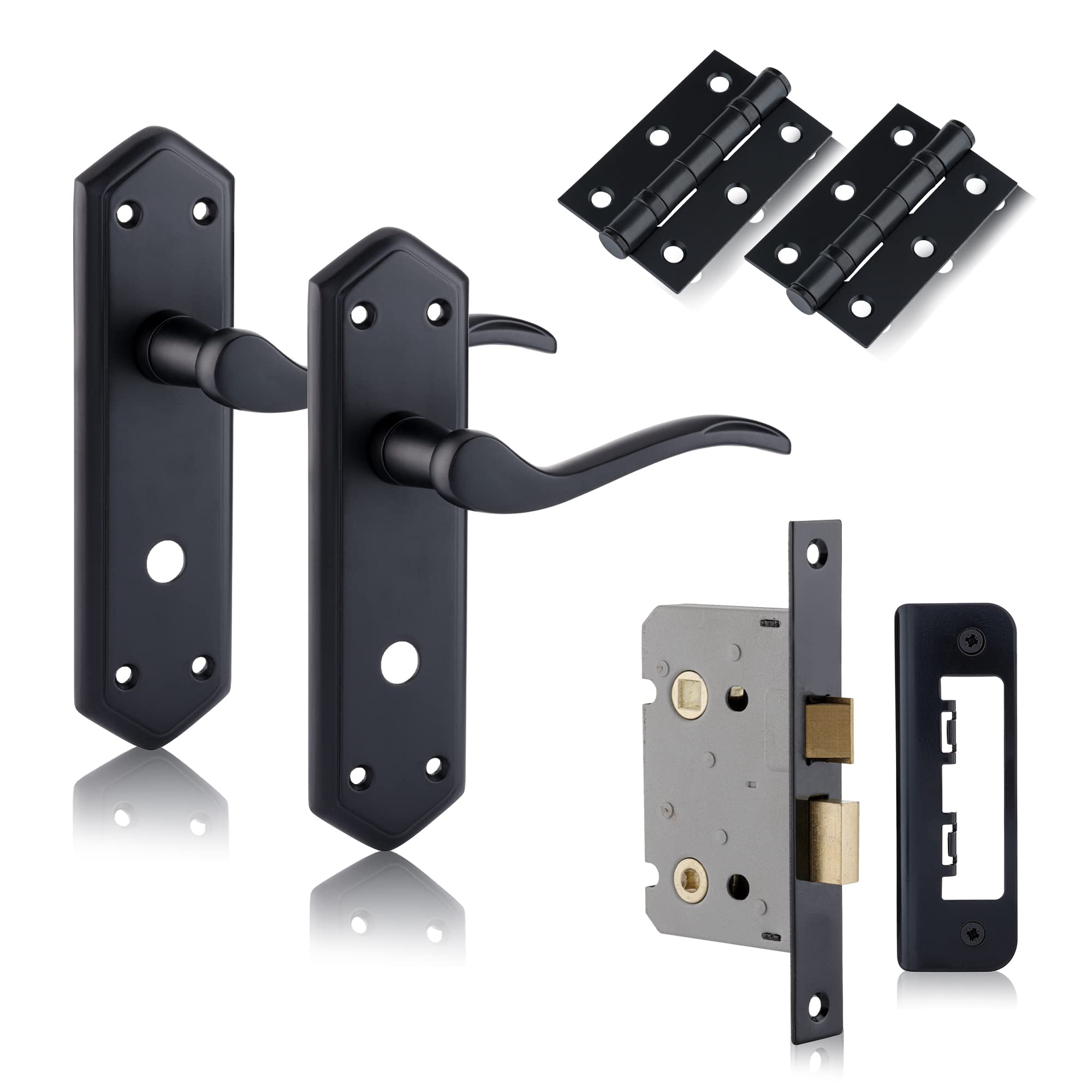 XFORT Black Beauty Range Matt Black London Suite Bathroom Pack, Complete Set with Bathroom Handles, 65mm Mortice Lock and 75mm Ball Bearing Hinges, for Internal Wooden Doors